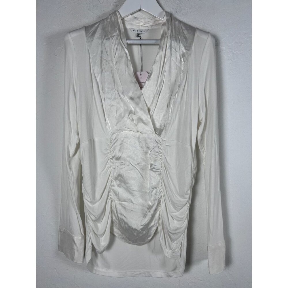 CAbi #574 Women White Long Sleeve Ruched Surplice Boss Tee Top Blouse XL New $89